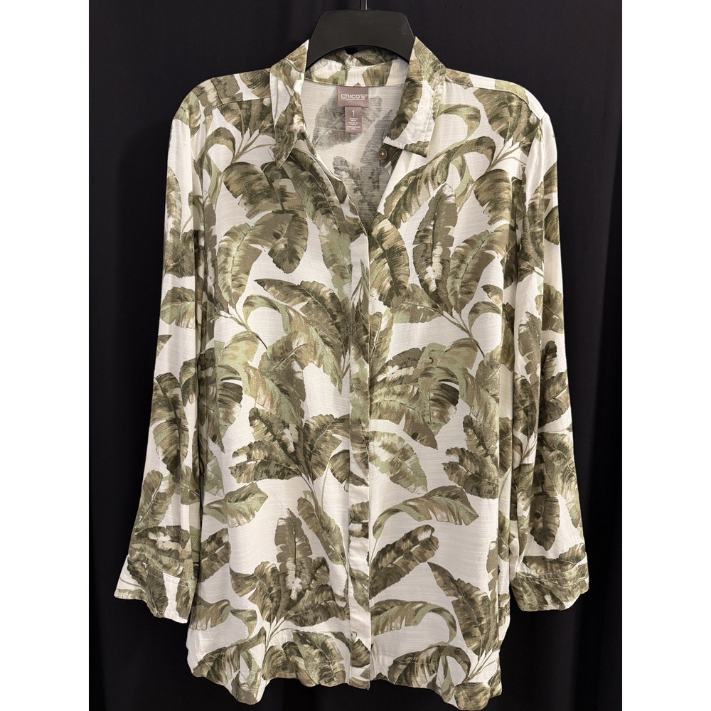Chico's Women's 1 Green & White Floral Collared 3/4 Sleeve Viscose Button-Up